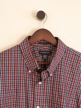 Lands’ End No Iron Pinpoint Oxford Button-Down Shirt – Red Blue Plaid – Men’s